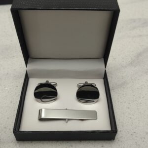 Engravable Steel Cufflinks with Matching Tie Clip – Rose Gold & Silver